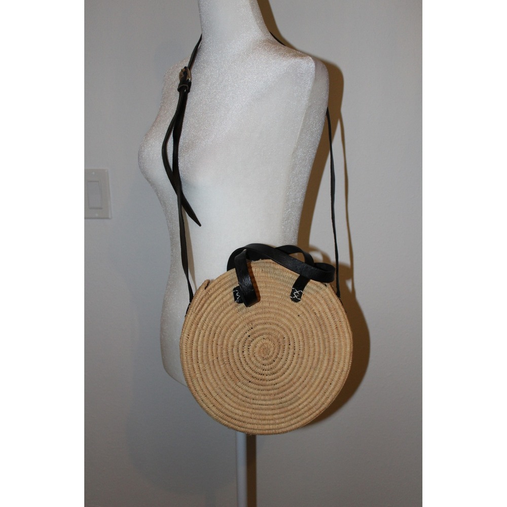 Handmade Round Woven Straw Crossbody Bag Black Leather Straps Natural Beige